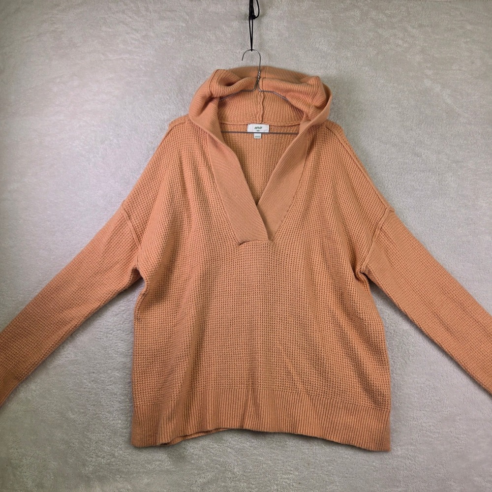 Aerie Waffle Knit Hoodie Sweater Peach Orange V-Neck Oversized Medium
